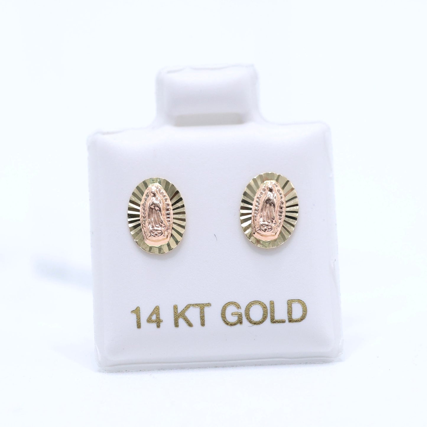 14KT GOLD 2 TONE VIRGEN DE GUADALUPE OVAL STUD BALL EARRINGS