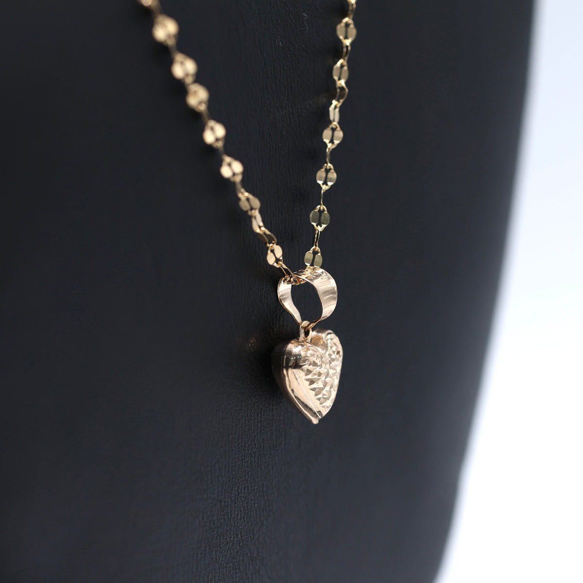 14KT GOLD 3D HEART WITH MIRROR CHAIN SEMISOLID 18" DAINTY 2MM