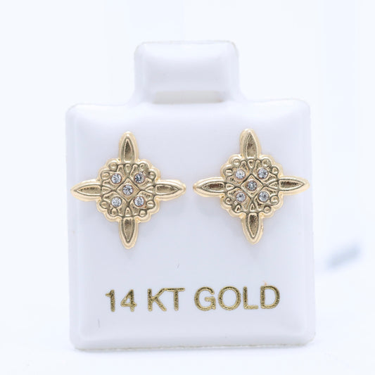 14KT GOLD CROSS STYLE EARRING WITH CZ STONES SCREW ON BALL