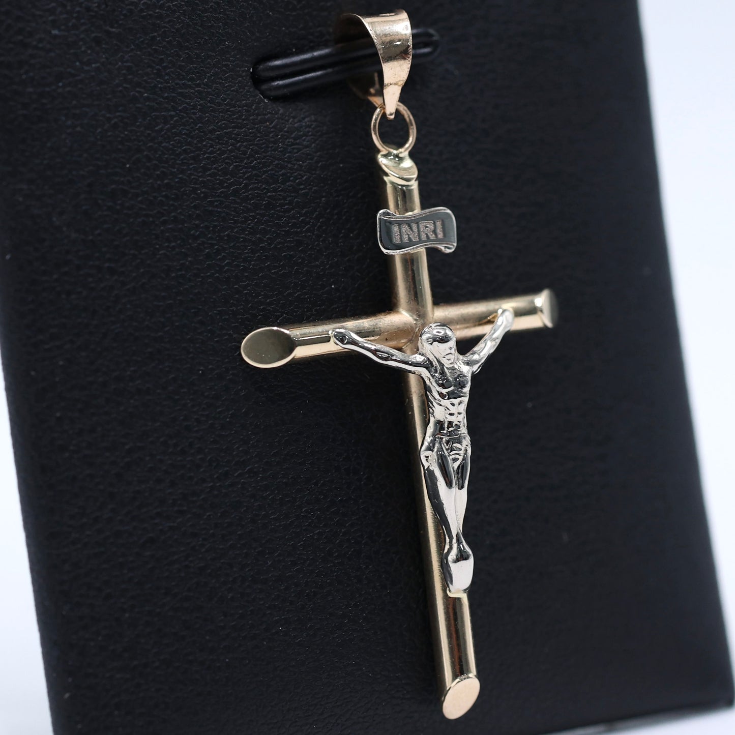 14KT GOLD CRUCIFIX 2 TONE PENDANT - 41MM SEMISOLID