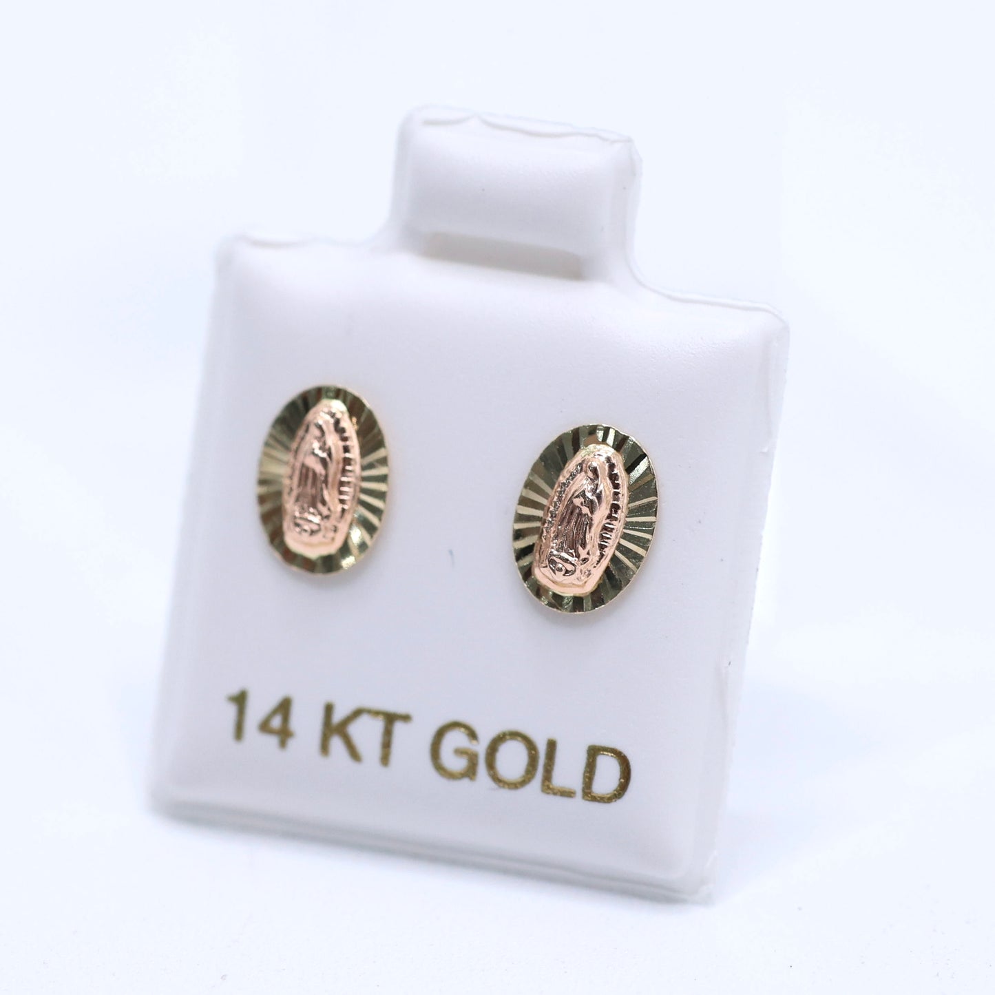 14KT GOLD 2 TONE VIRGEN DE GUADALUPE OVAL STUD BALL EARRINGS