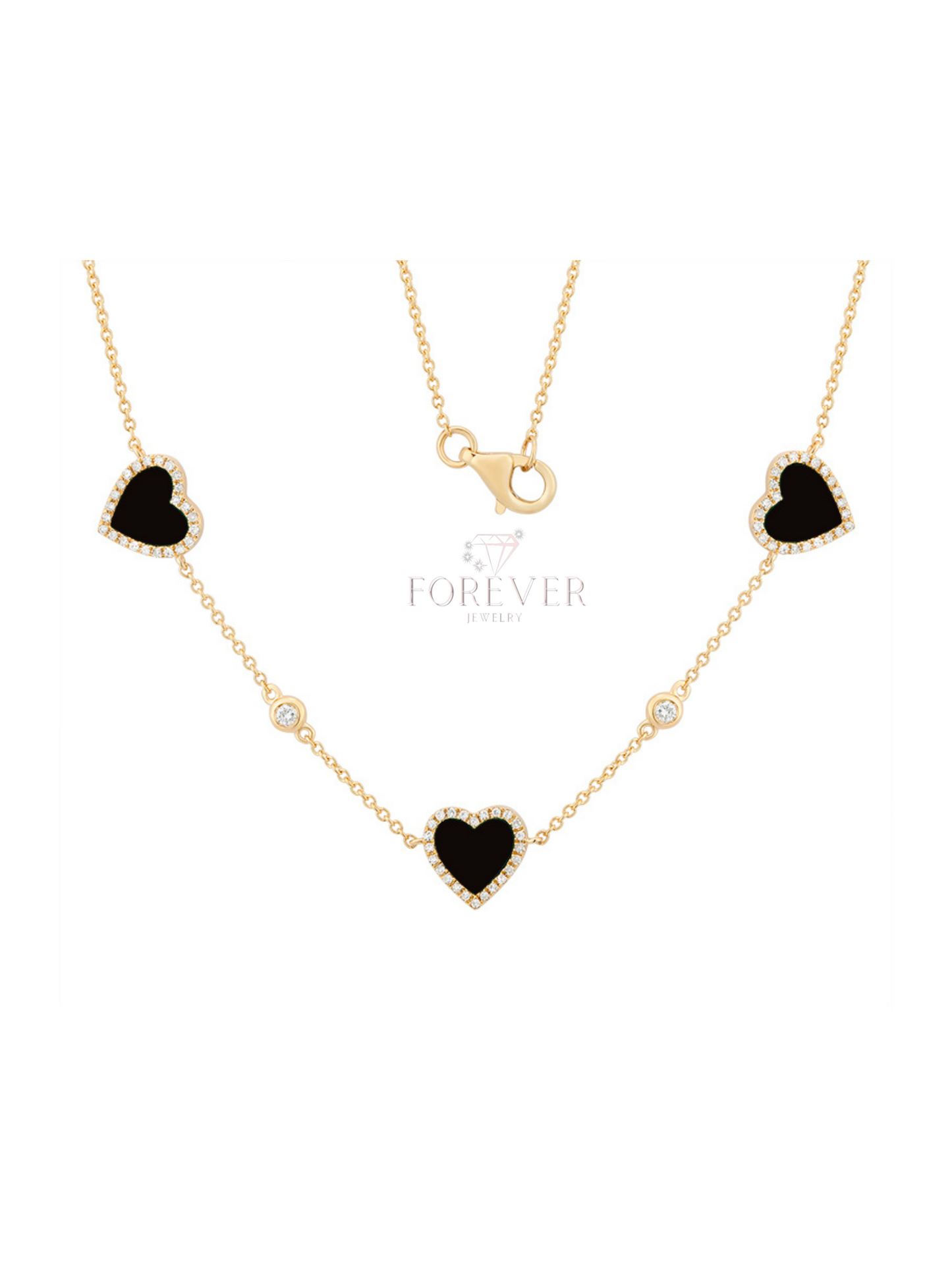 14K DIAMOND & BLACK ONYX 3 HEART DROP NECKLACE