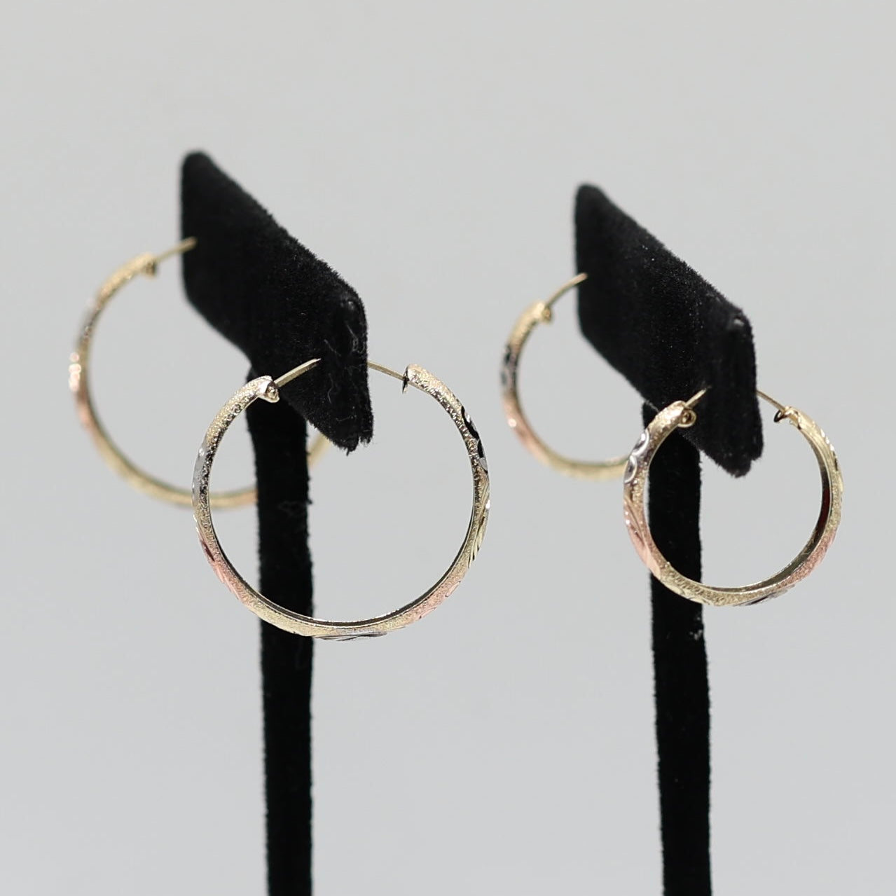 14KT GOLD 3 TONE HEART ENGRAVED HOOPS WITH TEXTURE - 2 SIZES