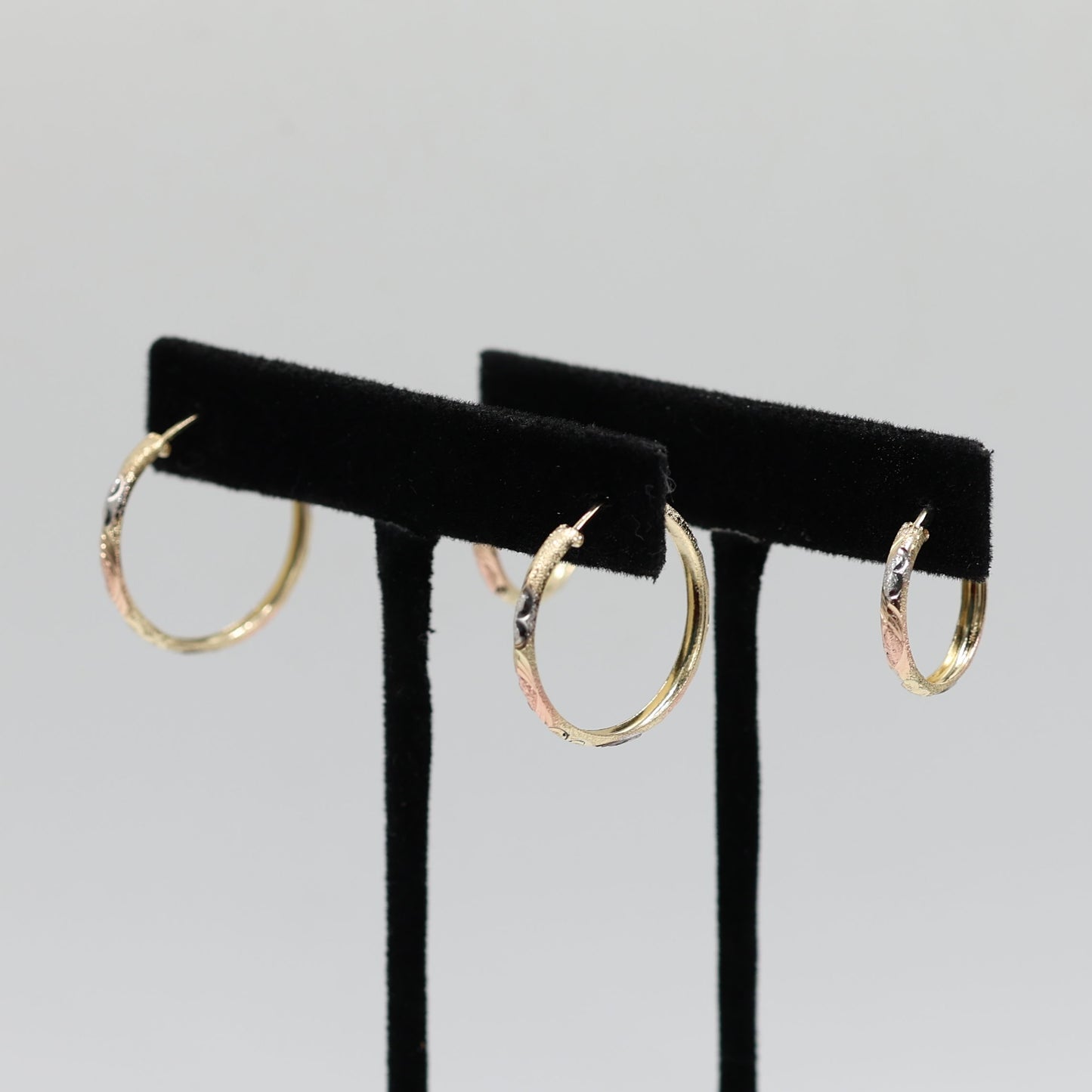 14KT GOLD 3 TONE HEART ENGRAVED HOOPS WITH TEXTURE - 2 SIZES