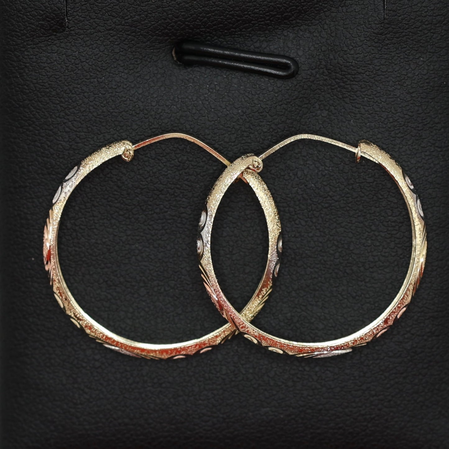 14KT GOLD 3 TONE HEART ENGRAVED HOOPS WITH TEXTURE - 2 SIZES
