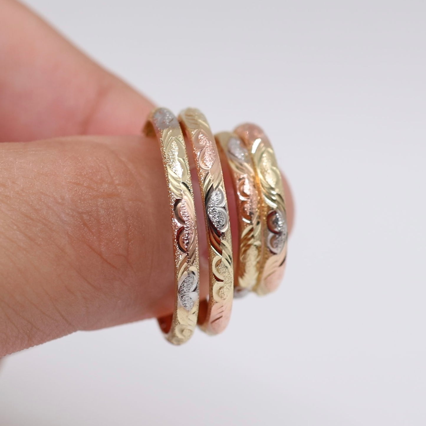 14KT GOLD 3 TONE HEART ENGRAVED HOOPS WITH TEXTURE - 2 SIZES