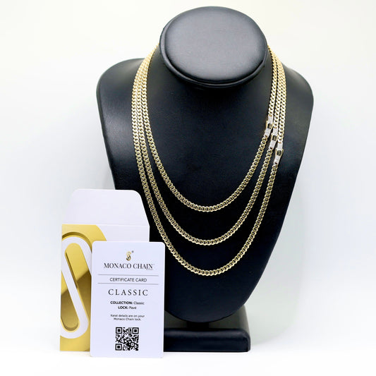 14KT GOLD ORIGNAL MONACO 4MM CHAIN PAVE - 3 SIZES