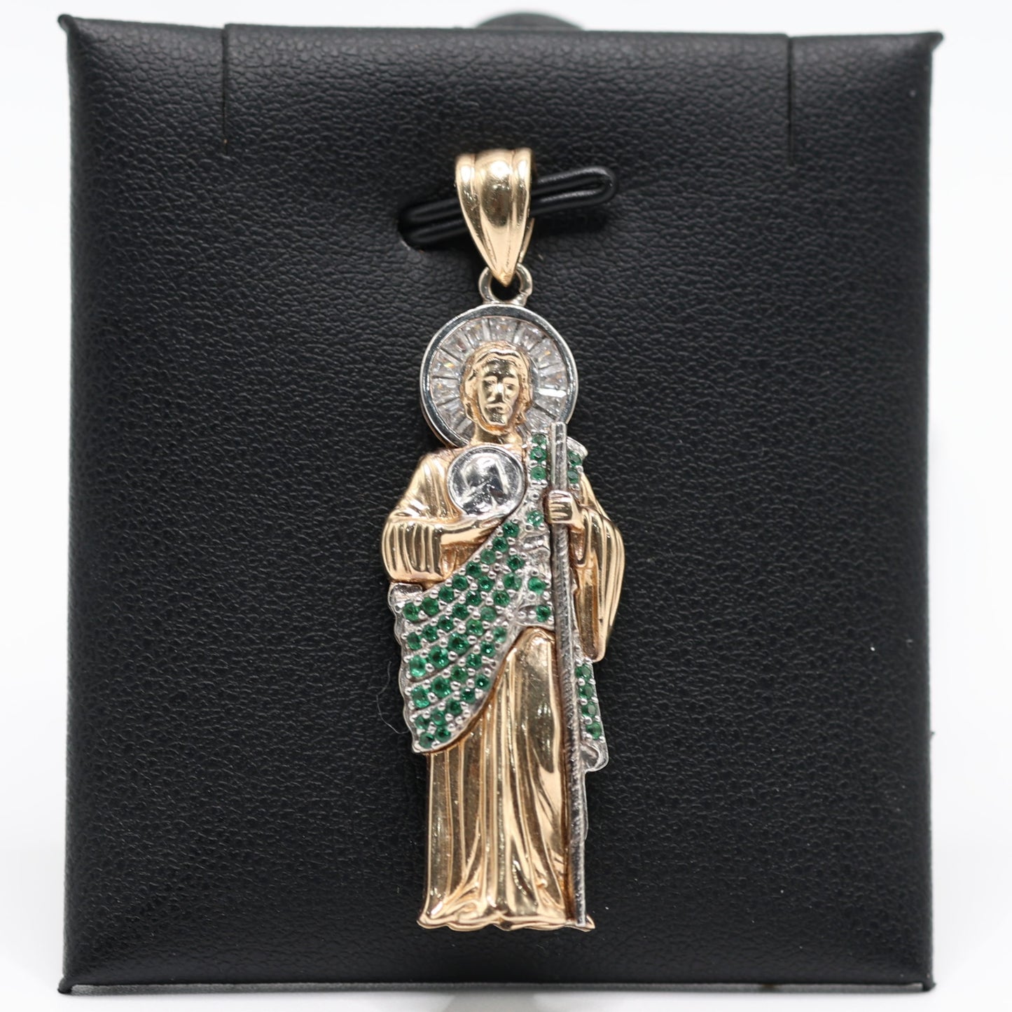14KT GOLD SAN JUDAS PENDANT WITH GREEN STONES AND BAGUETTES