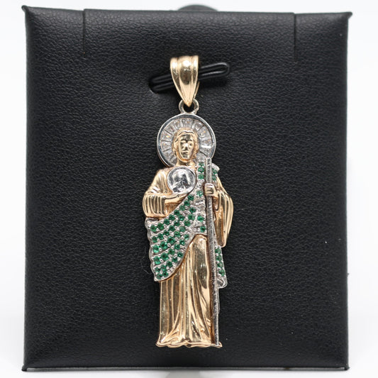 14KT GOLD SAN JUDAS PENDANT WITH GREEN STONES AND BAGUETTES
