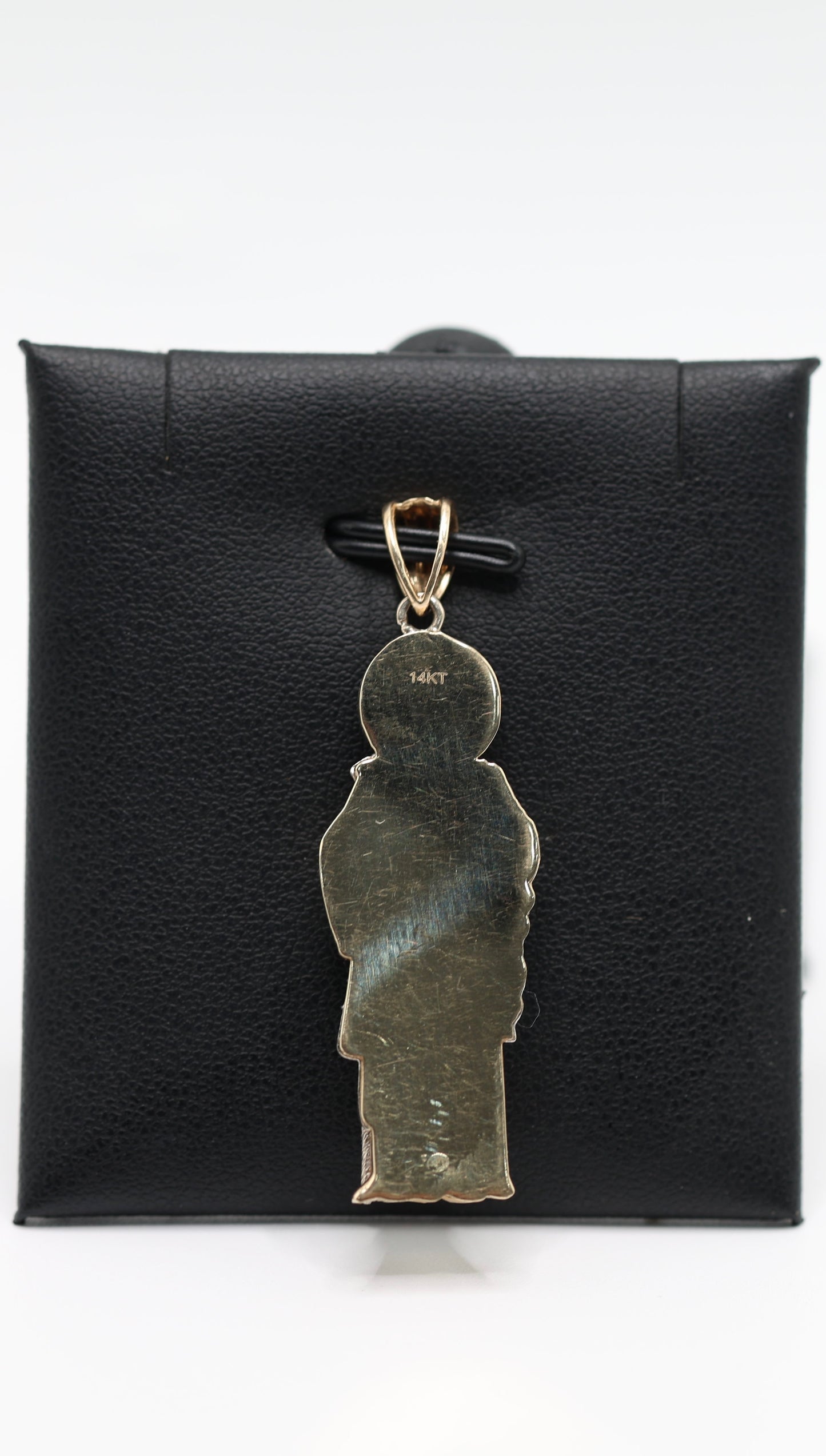 14KT GOLD SAN JUDAS PENDANT WITH GREEN STONES AND BAGUETTES