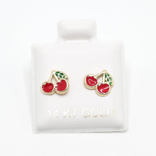 14KT GOLD CHERRY DUO STUD EARRINGS - BALL BACK