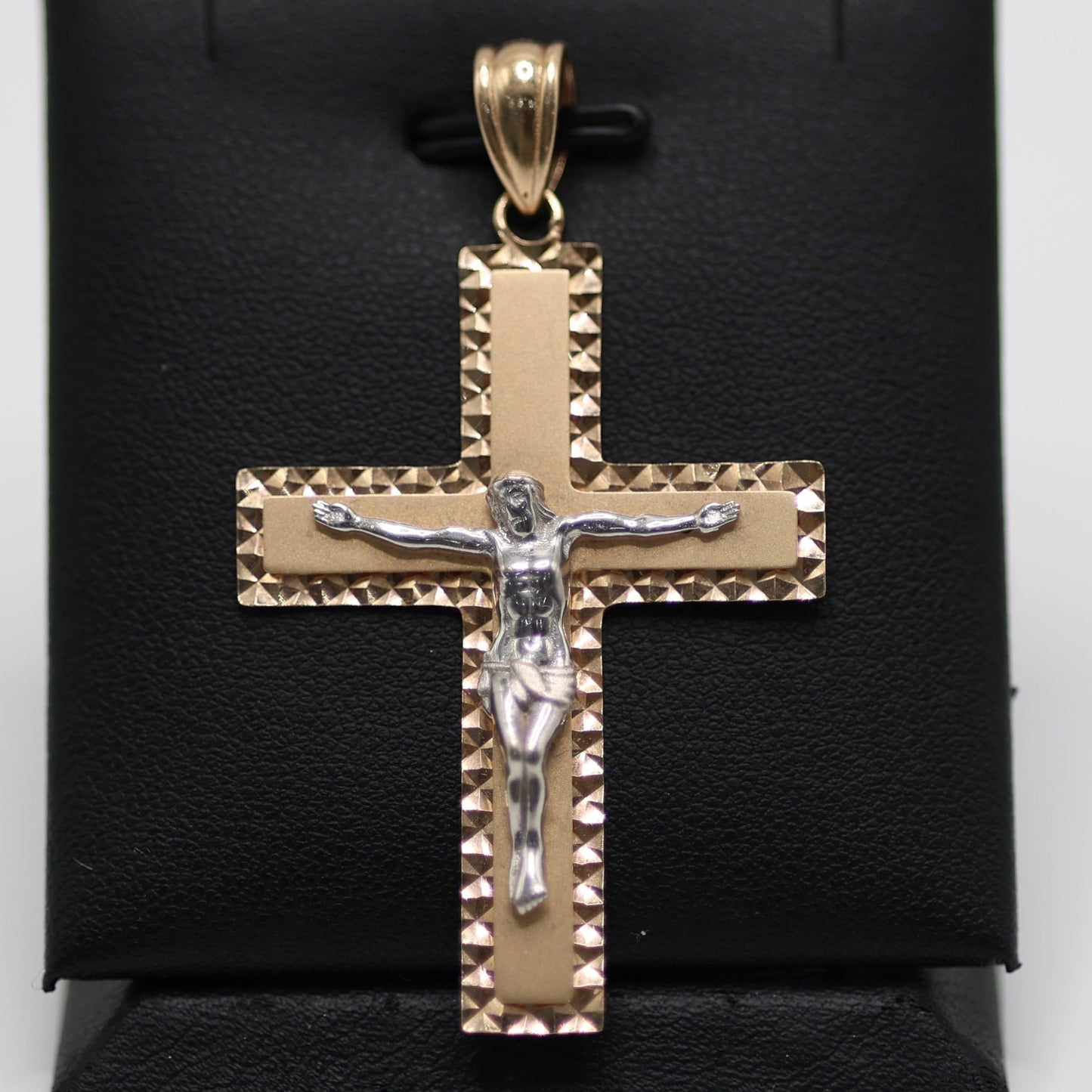 14KT GOLD 2 TONE CROSS CRUCIFIX PENDANT - INTRICATE BORDER