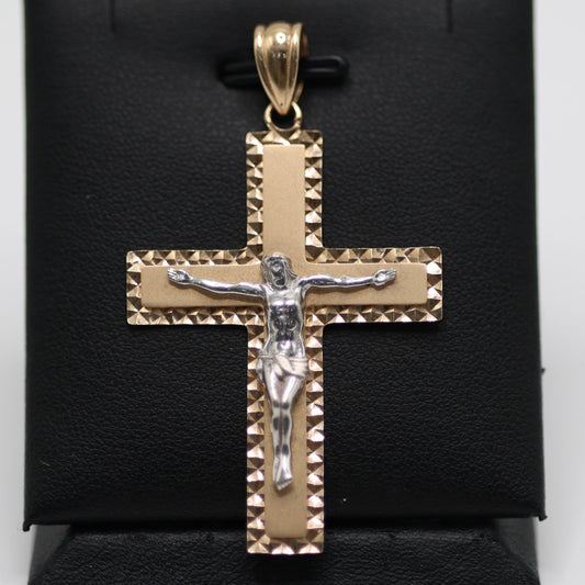 14KT GOLD 2 TONE CROSS CRUCIFIX PENDANT - INTRICATE BORDER