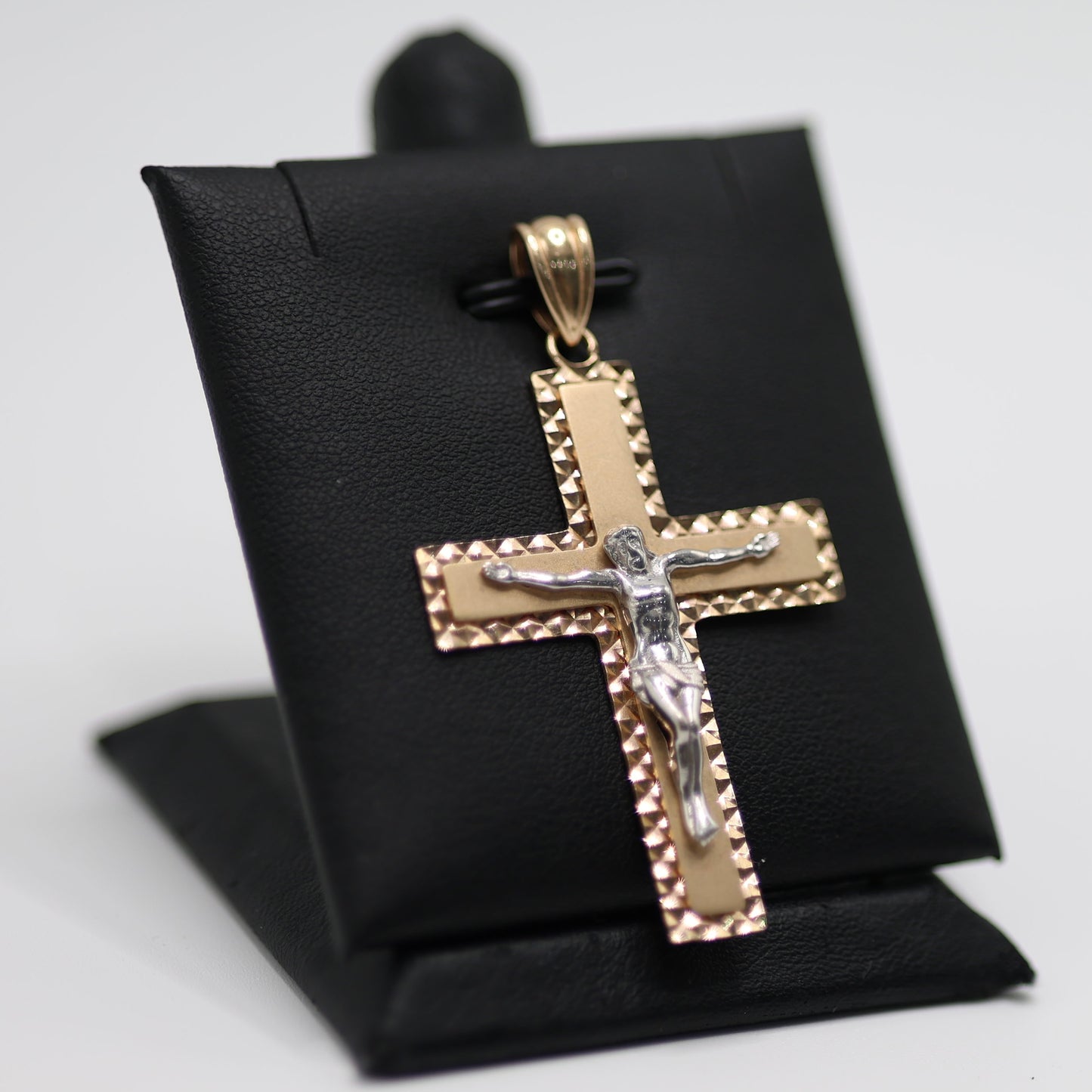 14KT GOLD 2 TONE CROSS CRUCIFIX PENDANT - INTRICATE BORDER