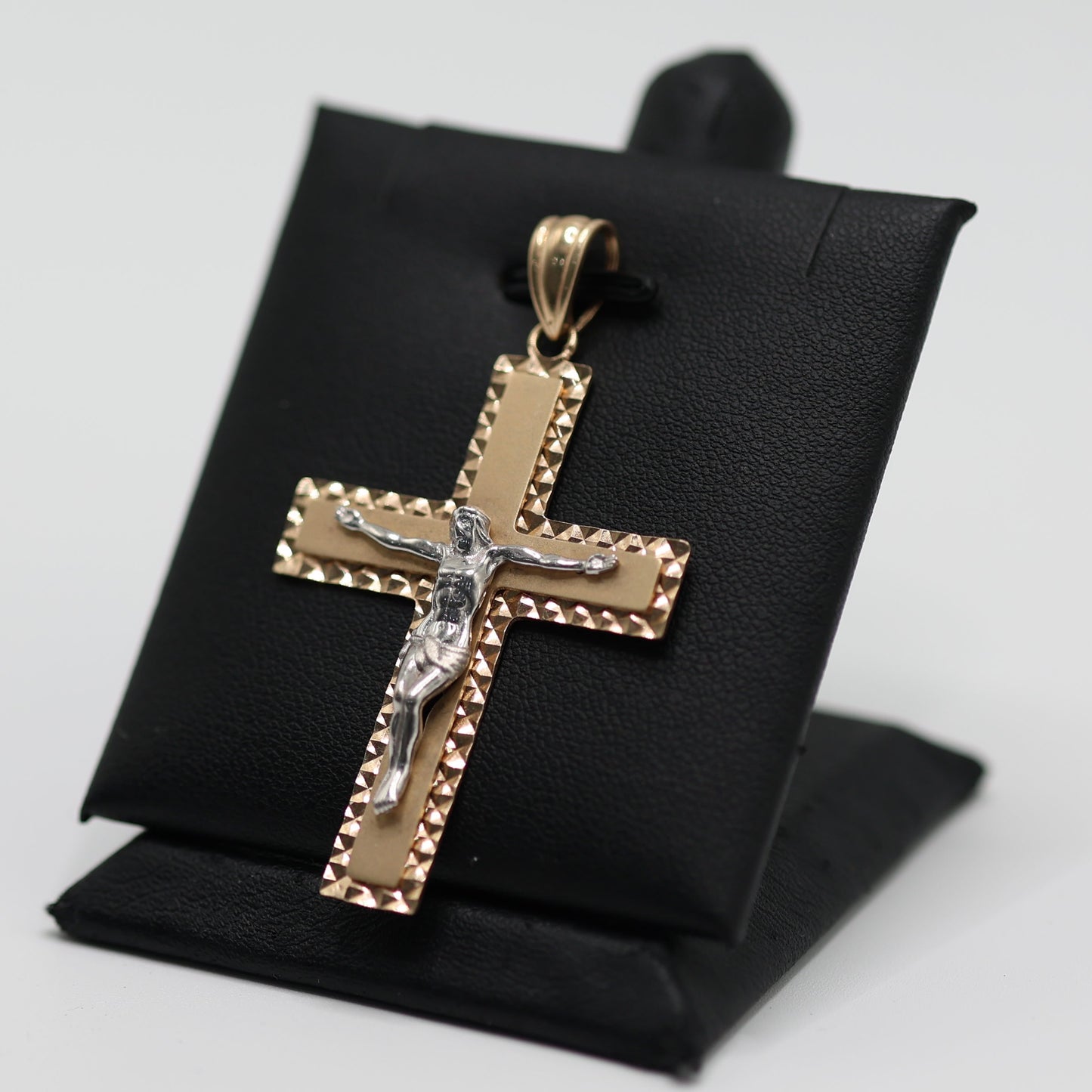 14KT GOLD 2 TONE CROSS CRUCIFIX PENDANT - INTRICATE BORDER