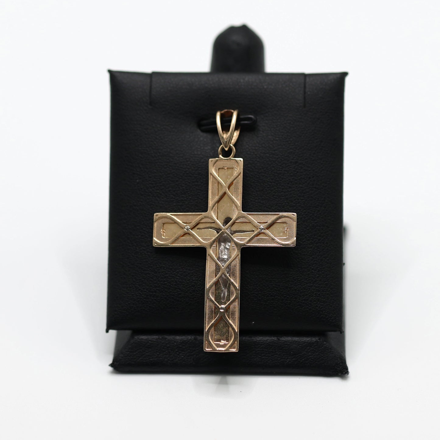 14KT GOLD 2 TONE CROSS CRUCIFIX PENDANT - INTRICATE BORDER