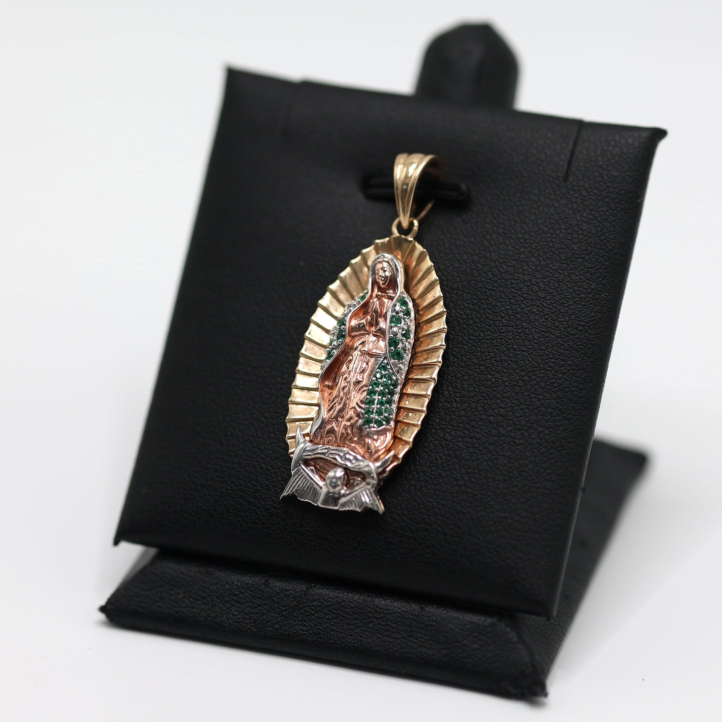 14KT GOLD VIRGIN MARY PENDANT 3 TONE WITH GREEN ZIRCONIA