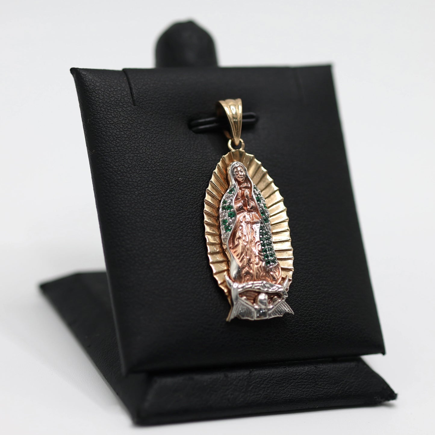14KT GOLD VIRGIN MARY PENDANT 3 TONE WITH GREEN ZIRCONIA