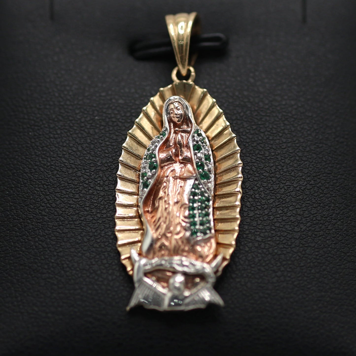 14KT GOLD VIRGIN MARY PENDANT 3 TONE WITH GREEN ZIRCONIA