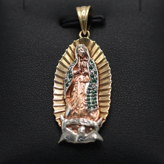 14KT GOLD VIRGIN MARY PENDANT 3 TONE WITH GREEN ZIRCONIA