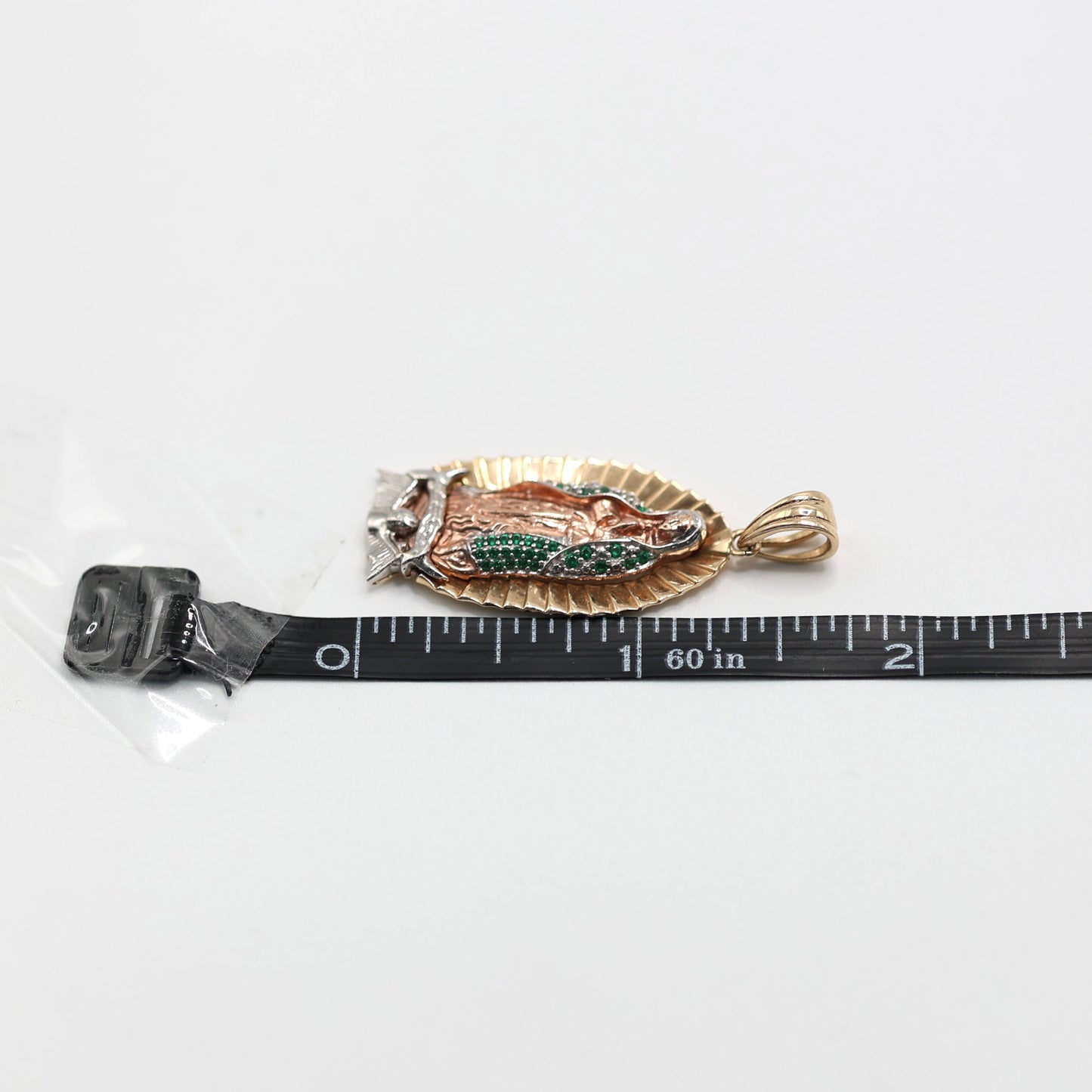 14KT GOLD VIRGIN MARY PENDANT 3 TONE WITH GREEN ZIRCONIA
