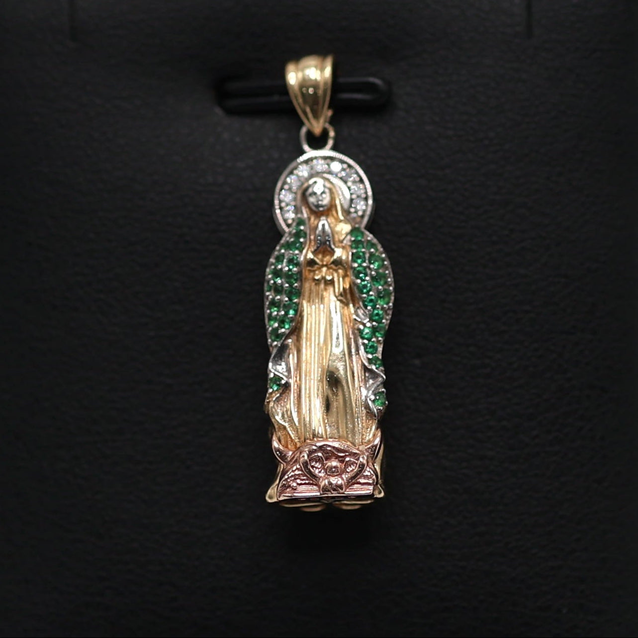 14KT GOLD 3D VIRGIN MARY 3 TONE WITH GREEN ZIRCONIA & WHITE BAGUETTES