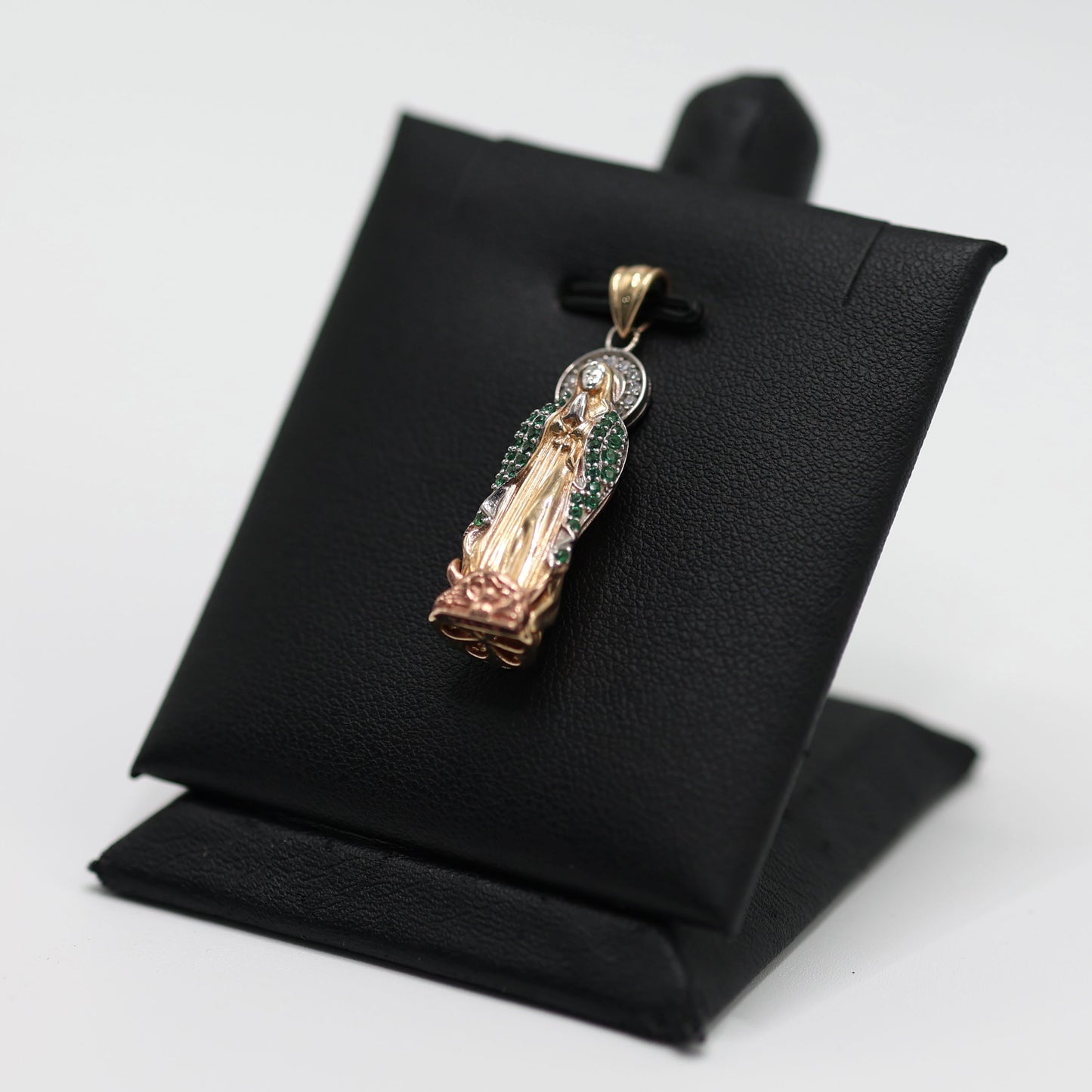14KT GOLD 3D VIRGIN MARY 3 TONE WITH GREEN ZIRCONIA & WHITE BAGUETTES