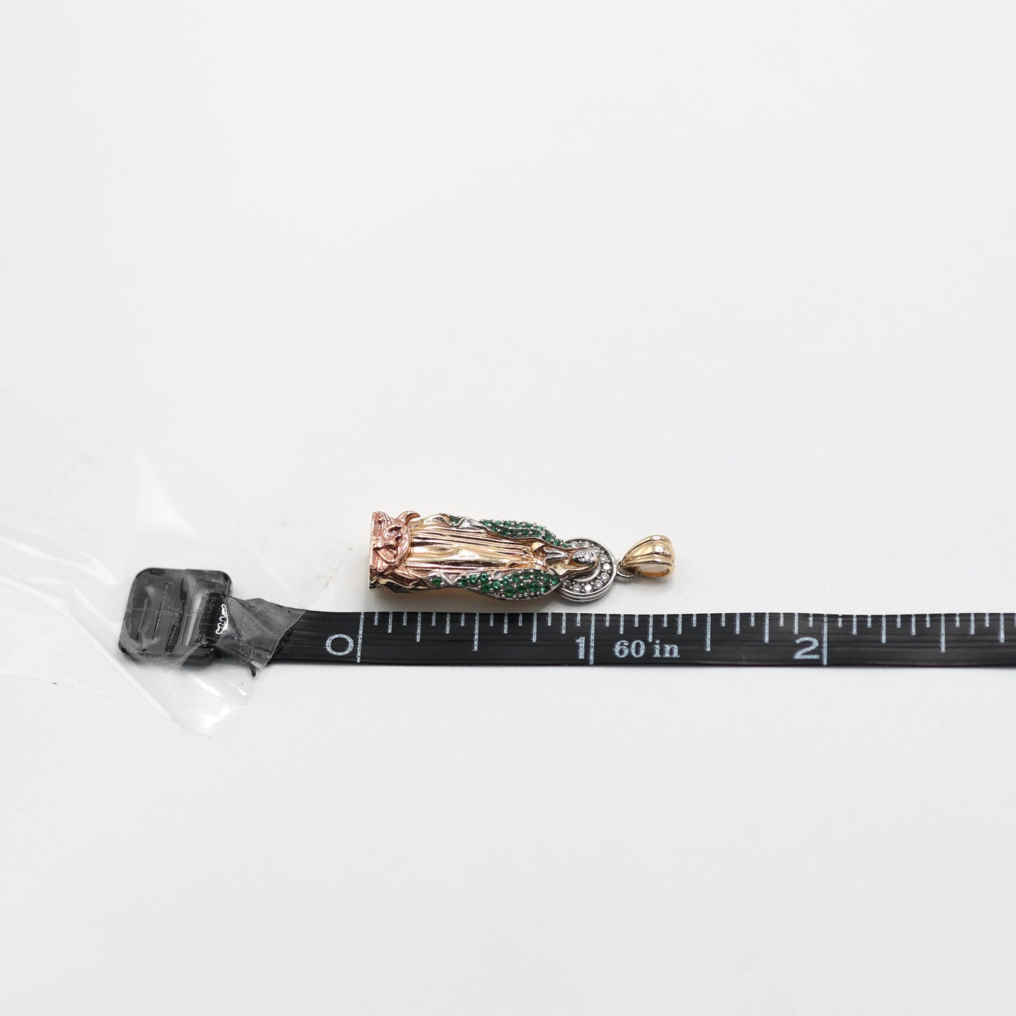 14KT GOLD 3D VIRGIN MARY 3 TONE WITH GREEN ZIRCONIA & WHITE BAGUETTES