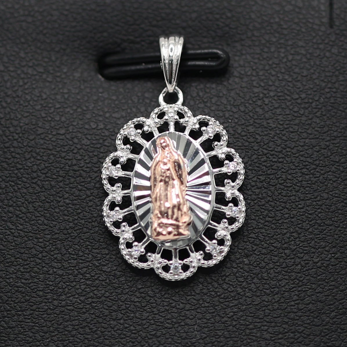 925 SILVER VIRGIN MARY 2 TONE OVAL PENDANT WITH CUBIC ZIRCONIA