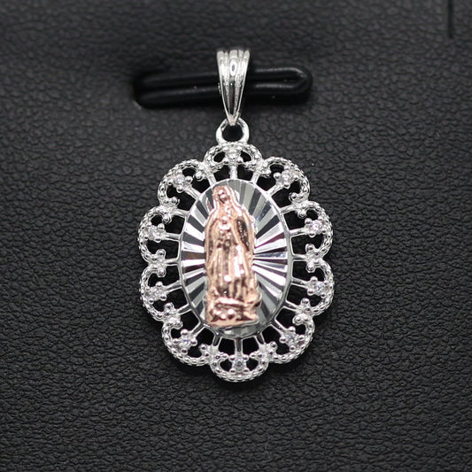 925 SILVER VIRGIN MARY 2 TONE OVAL PENDANT WITH CUBIC ZIRCONIA