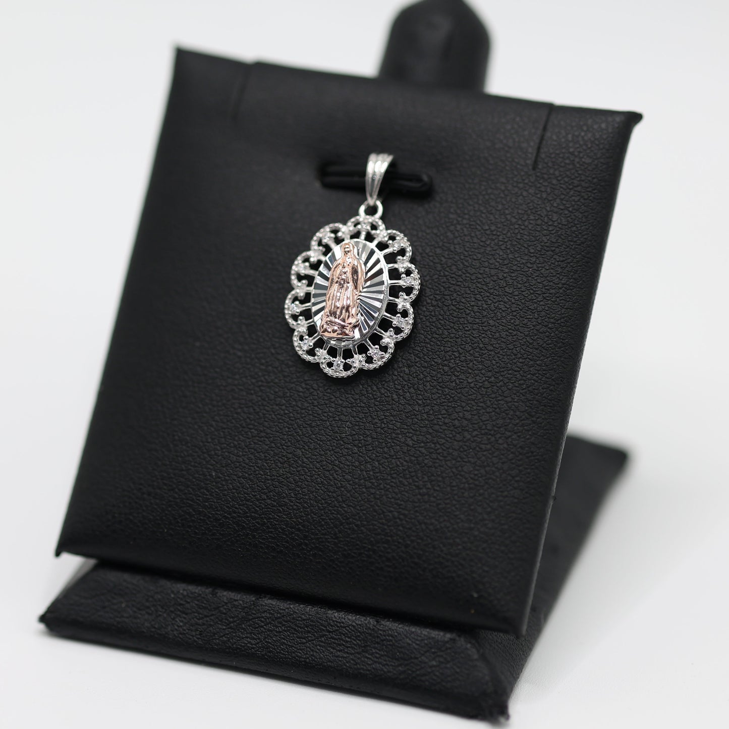 925 SILVER VIRGIN MARY 2 TONE OVAL PENDANT WITH CUBIC ZIRCONIA
