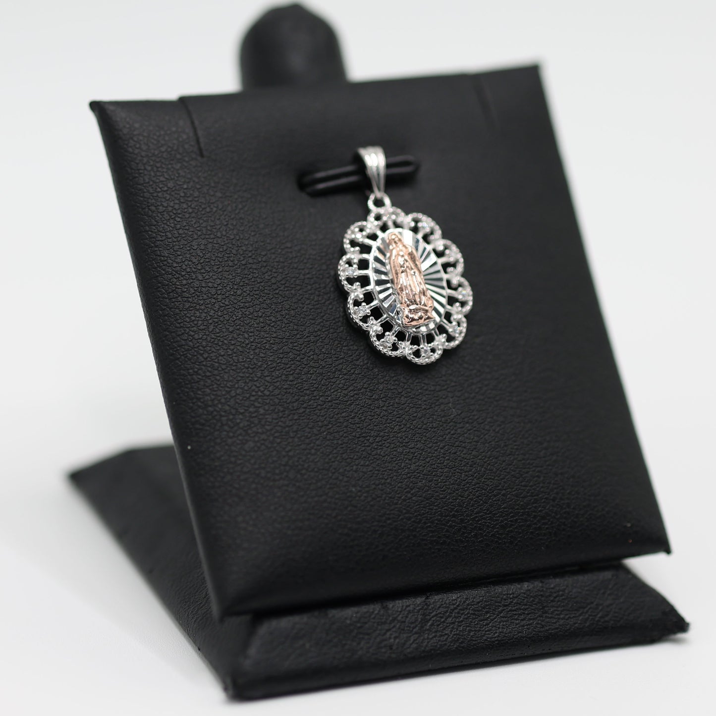 925 SILVER VIRGIN MARY 2 TONE OVAL PENDANT WITH CUBIC ZIRCONIA