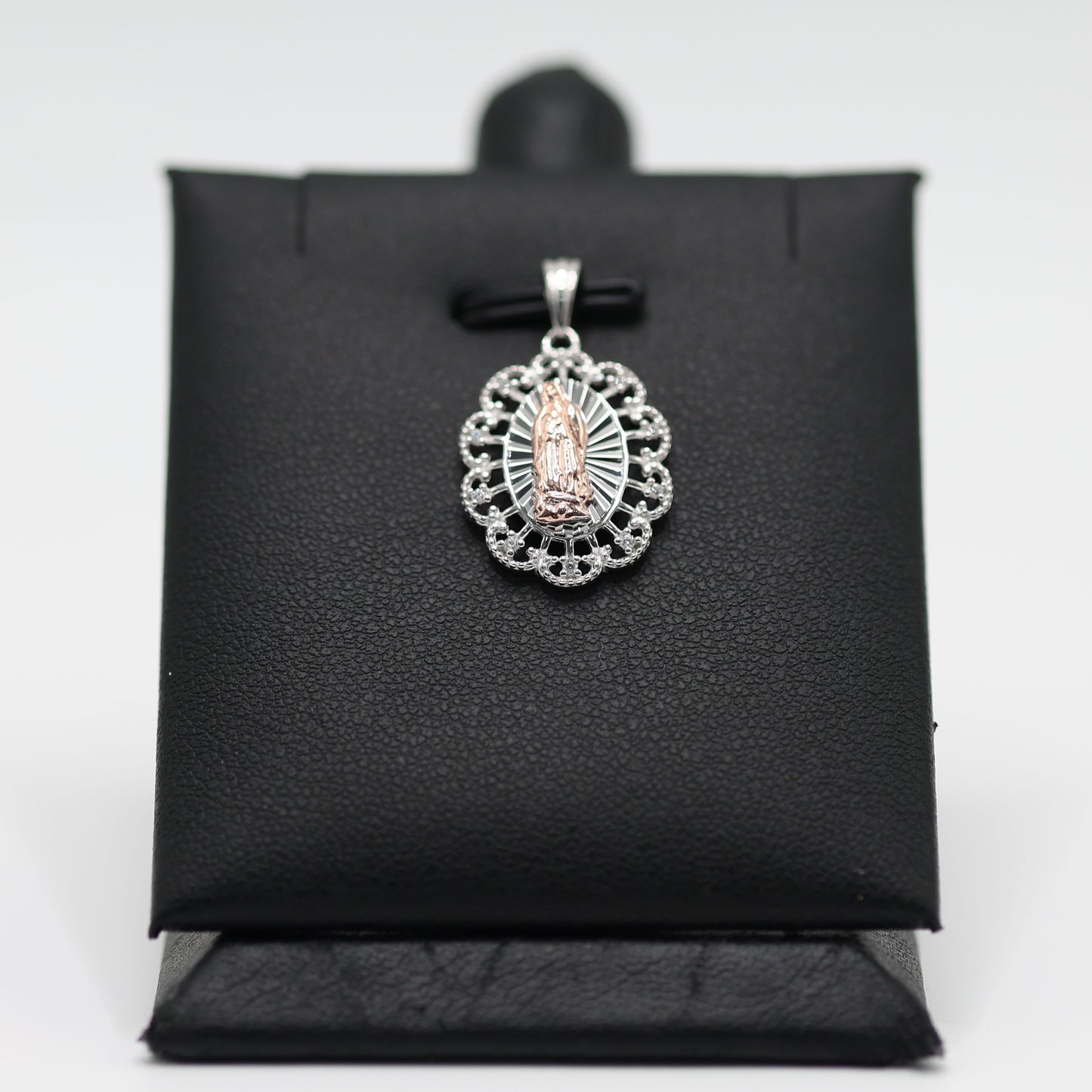 925 SILVER VIRGIN MARY 2 TONE OVAL PENDANT WITH CUBIC ZIRCONIA