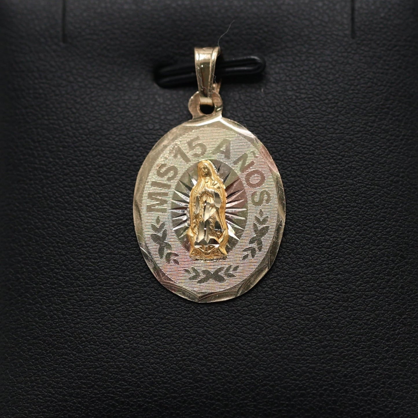 14KT GOLD "MIS QUINCE ANOS" OVAL PENDANT 3 TONE VIRGIN MARY
