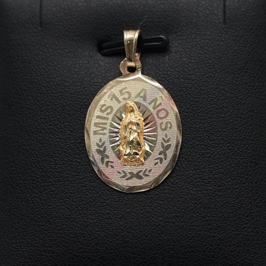 14KT GOLD "MIS QUINCE ANOS" OVAL PENDANT 3 TONE VIRGIN MARY