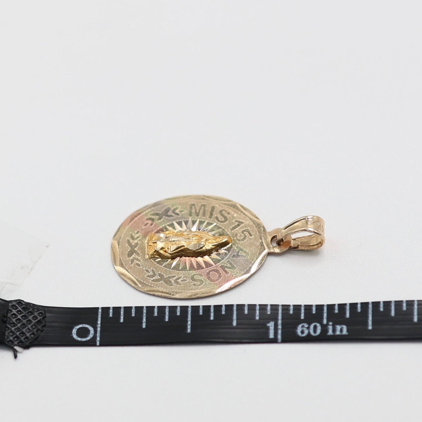14KT GOLD "MIS QUINCE ANOS" OVAL PENDANT 3 TONE VIRGIN MARY