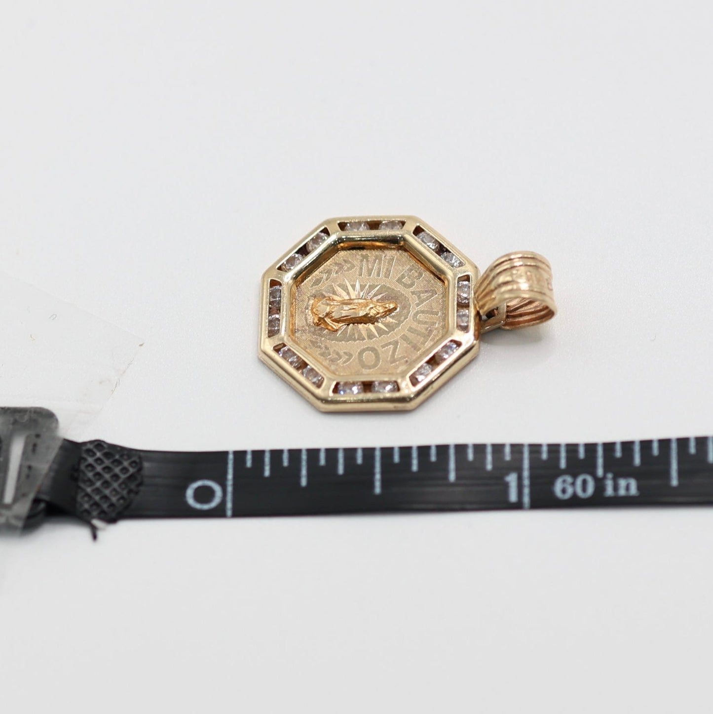 14KT GOLD OCTEGON "MI BAUTIZO" PENDANT WITH CUBIC ZIRCONIA BORDER