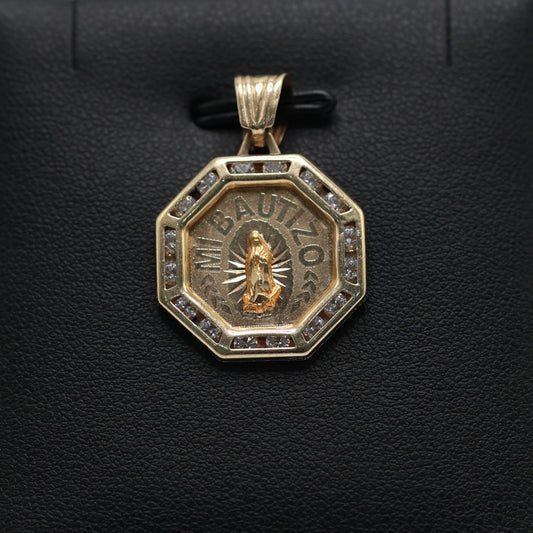 14KT GOLD OCTEGON "MI BAUTIZO" PENDANT WITH CUBIC ZIRCONIA BORDER