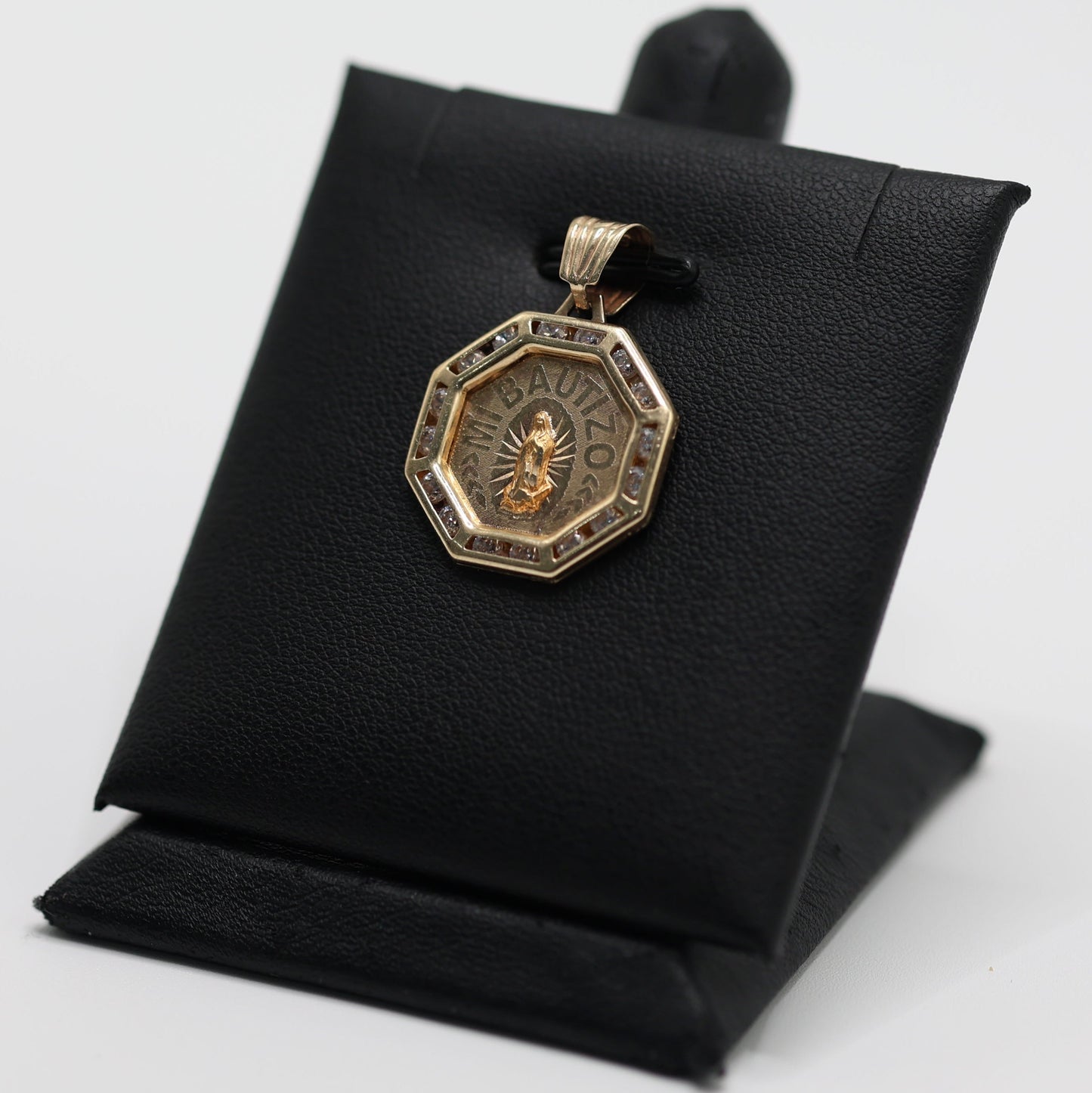 14KT GOLD OCTEGON "MI BAUTIZO" PENDANT WITH CUBIC ZIRCONIA BORDER