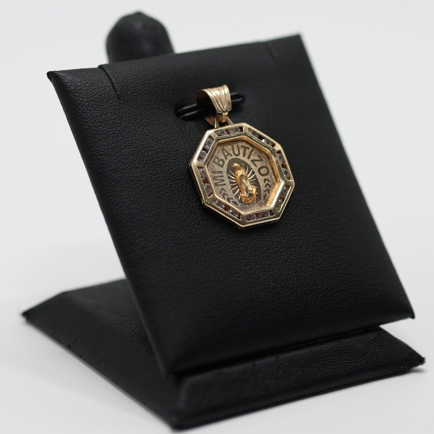 14KT GOLD OCTEGON "MI BAUTIZO" PENDANT WITH CUBIC ZIRCONIA BORDER