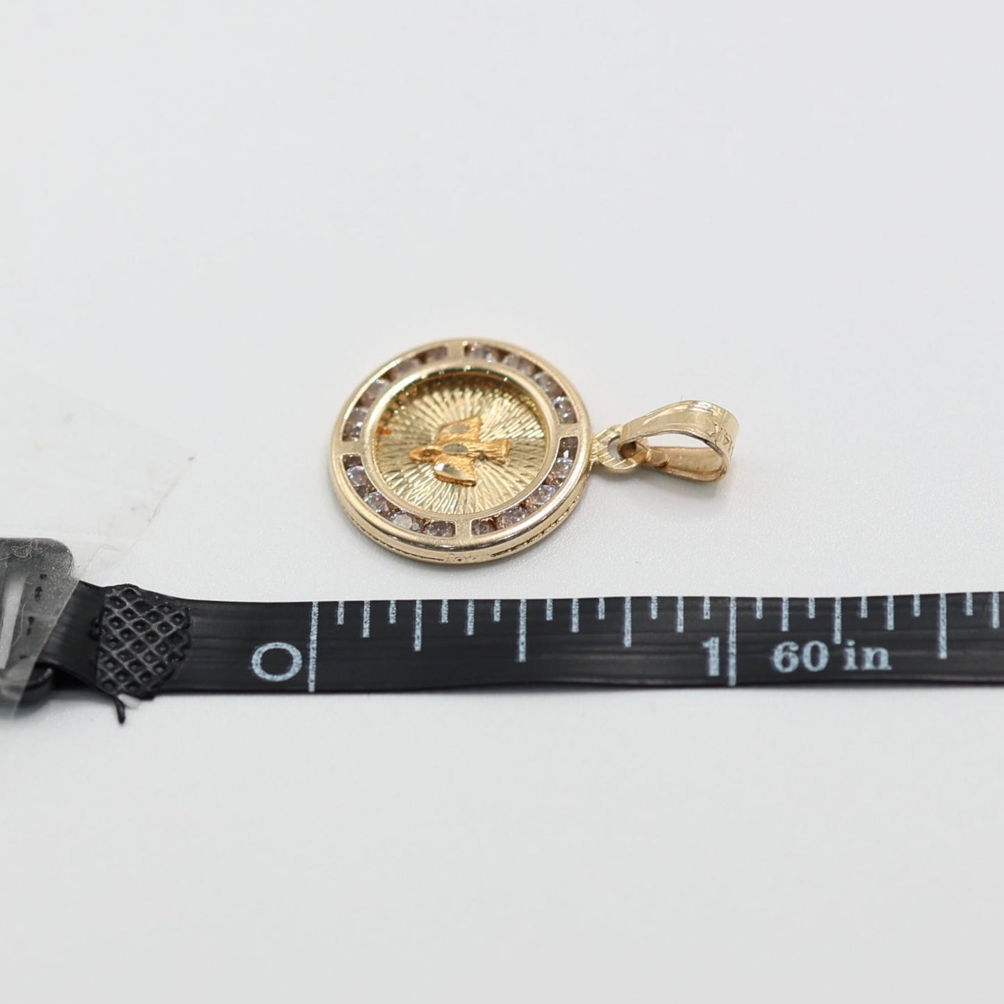 14KT GOLD HOLY SPIRIT CIRCLAR PENDANT WITH CUBIC ZIRCONIA BORDER
