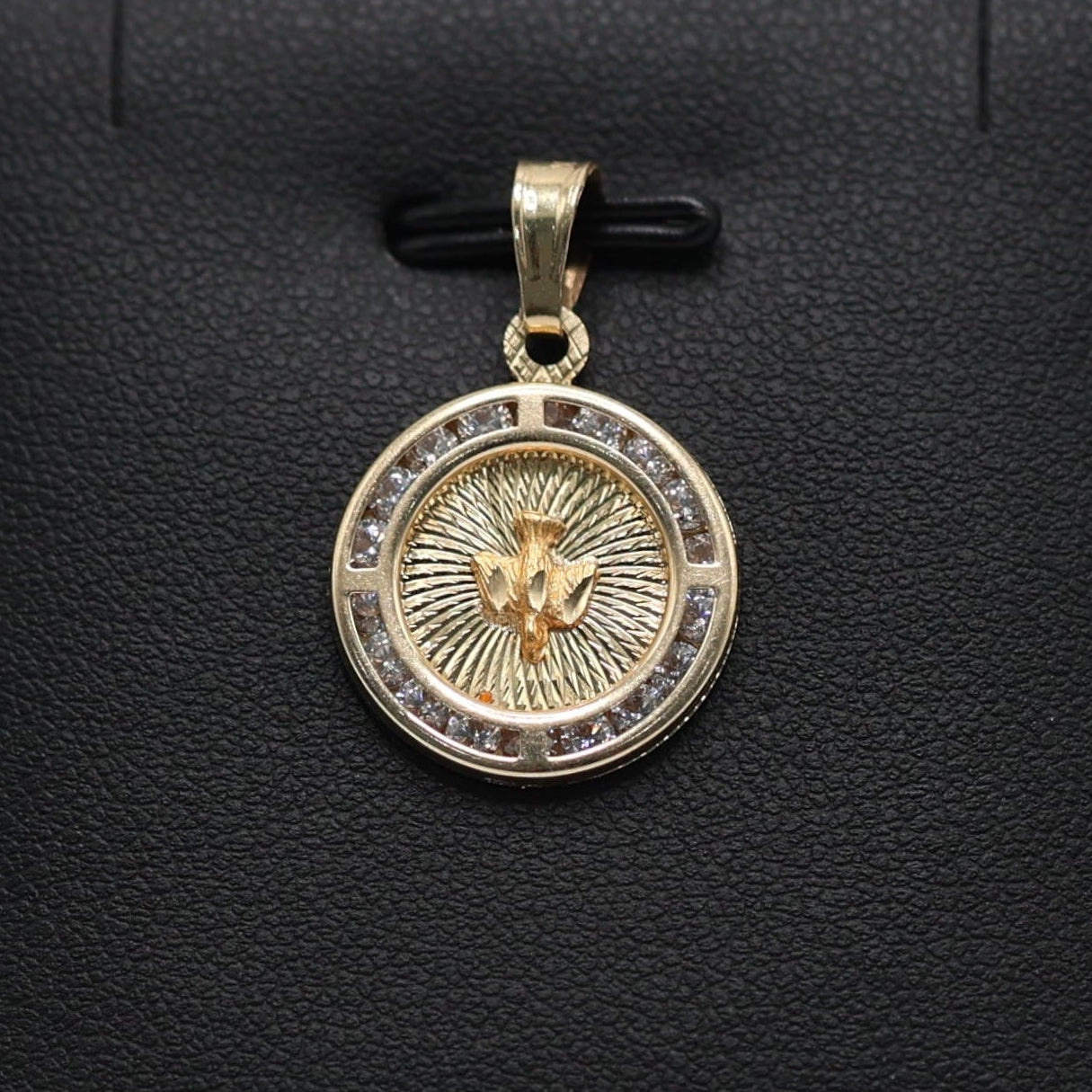 14KT GOLD HOLY SPIRIT CIRCLAR PENDANT WITH CUBIC ZIRCONIA BORDER