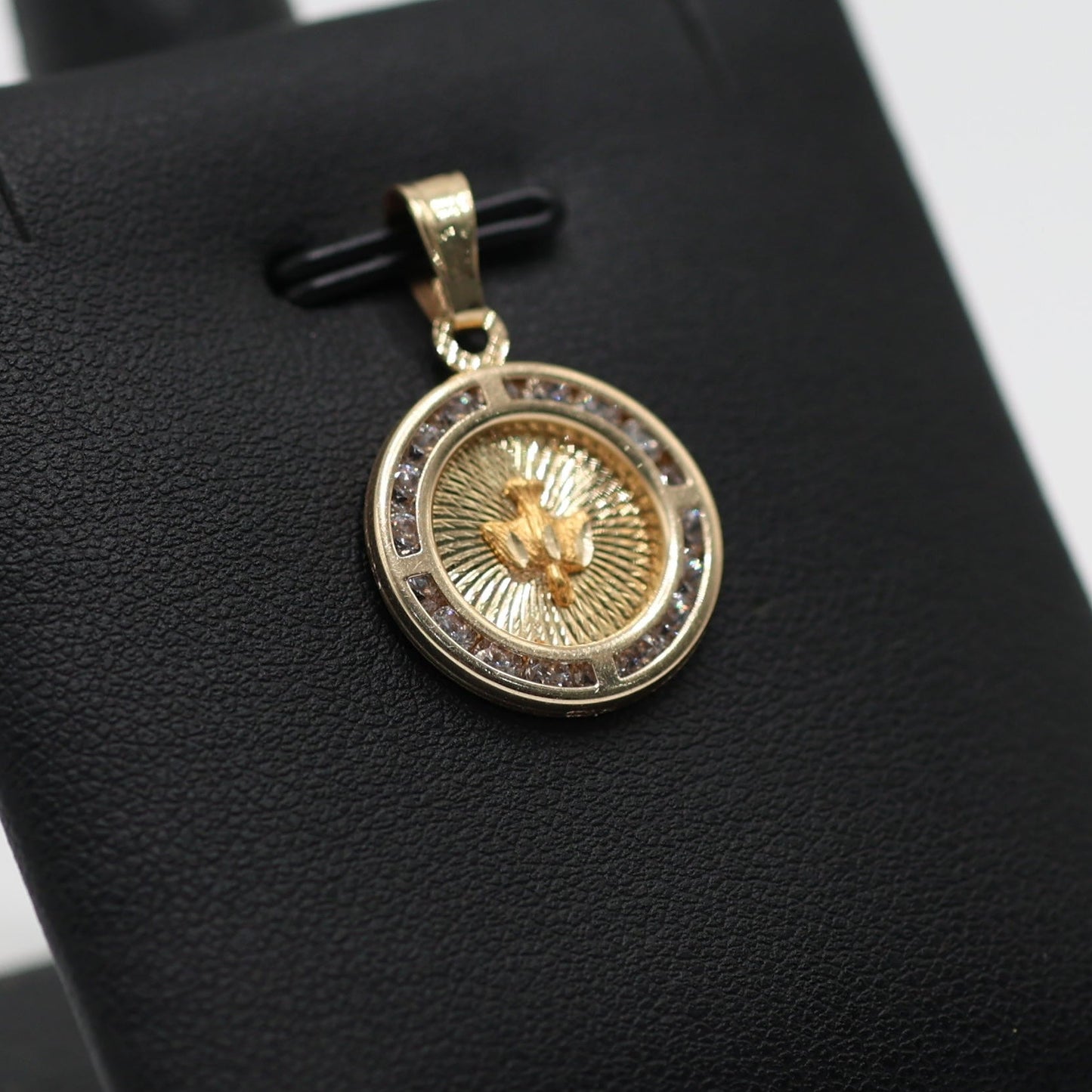 14KT GOLD HOLY SPIRIT CIRCLAR PENDANT WITH CUBIC ZIRCONIA BORDER