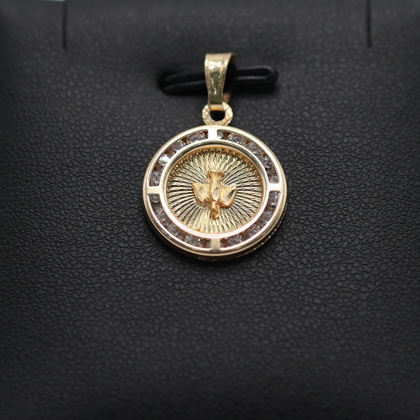 14KT GOLD HOLY SPIRIT CIRCLAR PENDANT WITH CUBIC ZIRCONIA BORDER