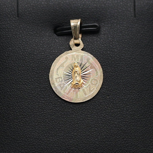 14K GOLD "MI BAUTIZO" 3 TONE CIRCLE PENDANT WITH VIRGIN MARY
