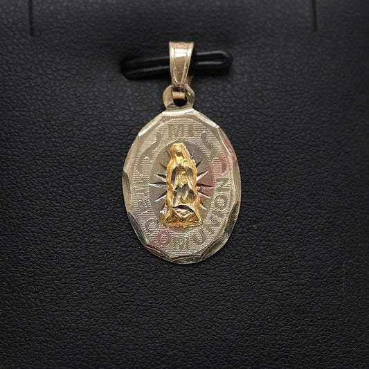 14KT GOLD OVAL 3 TONE 1ST COMMUNION WITH VIRGIN MARY PENDANT