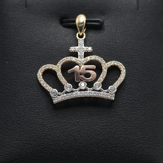 14KT GOLD QUINCE CROWN PENDANT 3 TONE - ICED OUT