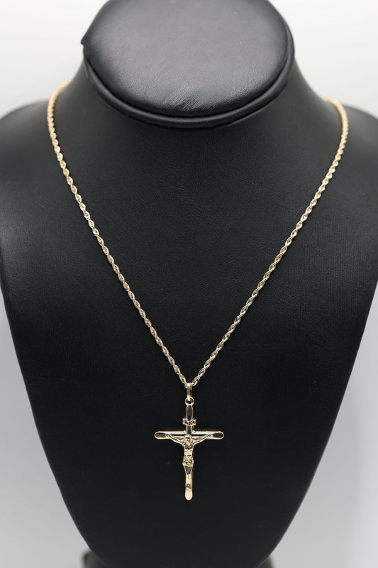 14KT GOLD CROSS PENDANT WITH 18' ROPE CHAIN NECKLACE SET