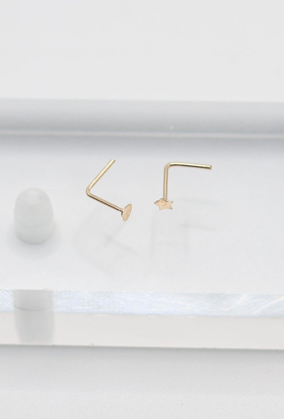 14KT GOLD HEART OR STAR SHAPED NOSE L STUD