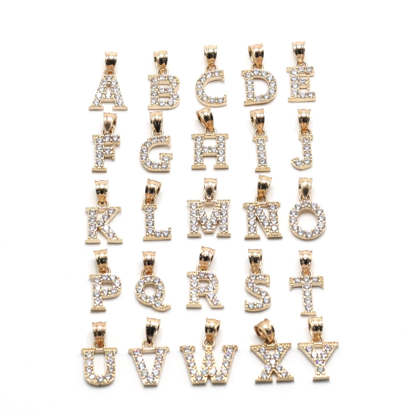 14KT GOLD SMALL LETTER PENDANTS WITH CUBIC ZIRCONIAS